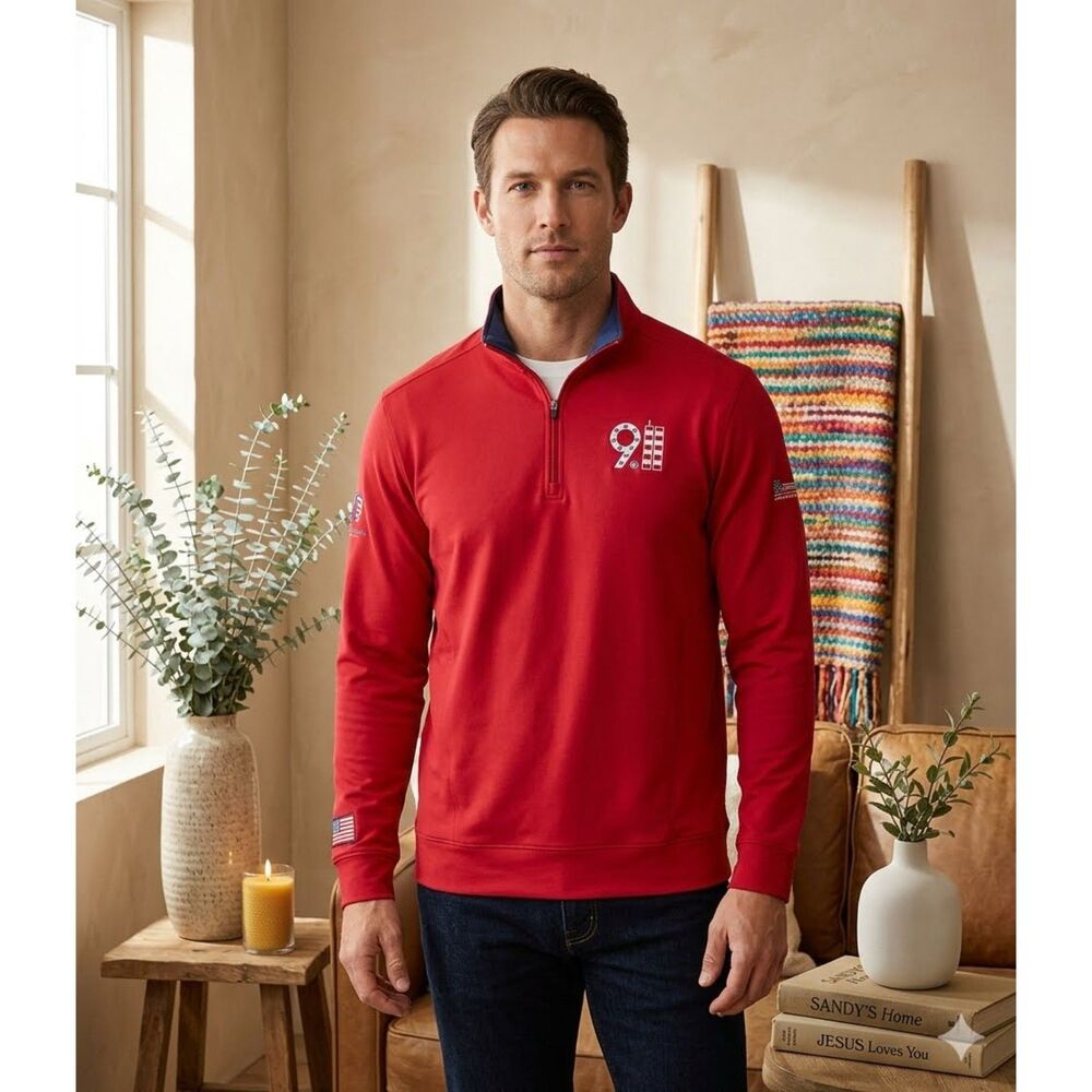 Bobby Jones 911 Golf Pullover Mens L Red H2O Performance 1/4 Zip Patriotic
